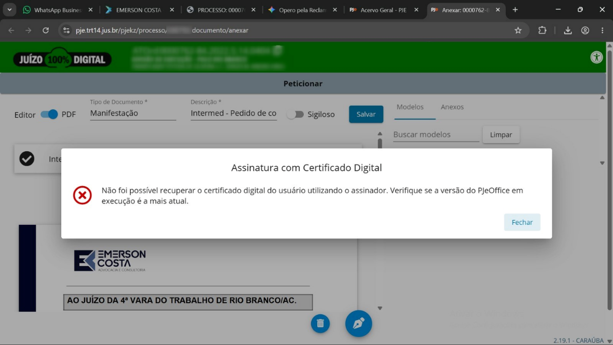 Erro ao assinar documento com certificado digital - PJe Office Pro não encontrado ou desatualizado