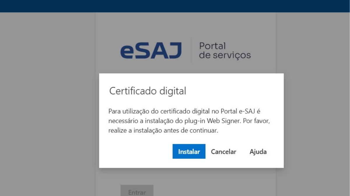 eSAJ solicitando Plug-in Web Signer para utilizar o certificado