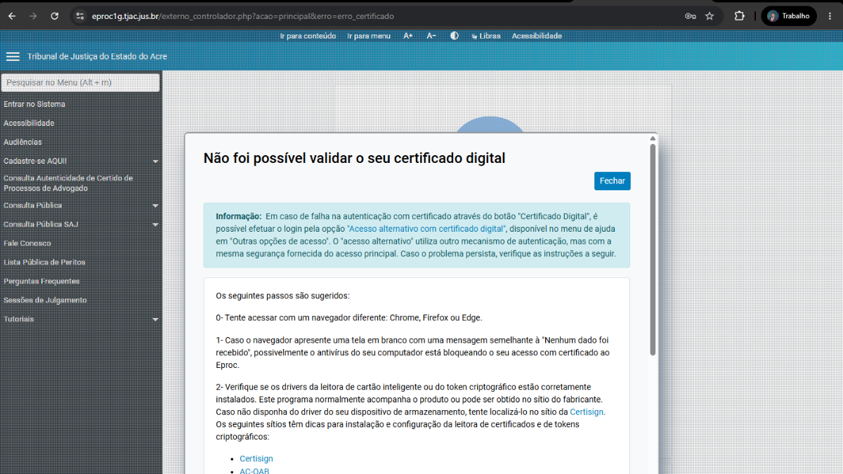 eProc TJ/AC: não foi possível validar o certificado digital